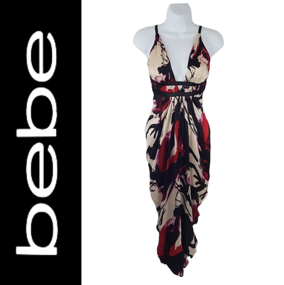 BEBE 100% Silk Floral Rouche Tiered Midi Maxi Drape Dress